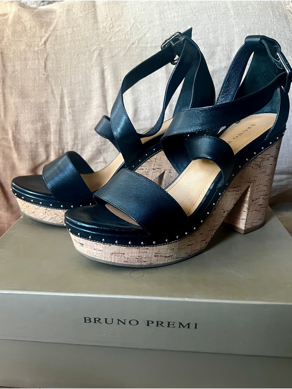 Bruno Premi Black Cork Platform Wedge Sandals